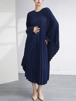 YUDX Miyake Складки Элегантные Вечерние Платья для Женщин 2023 Мода Круглый Вырез Летящий Рукав Свободные Плюс Размер Нерегулярное Платье