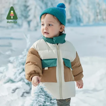 Детский пуховик Amila 2022, Новинка Зимы, Модное теплое пальто для мальчиков и девочек с цветными карманами, куртки