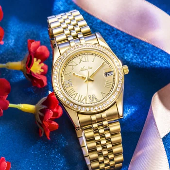 Женские часы Missfox Gold, Роскошные Кварцевые Маленькие наручные женские часы из нержавеющей стали с календарем, мини-циферблат, Деловые часы, Женские