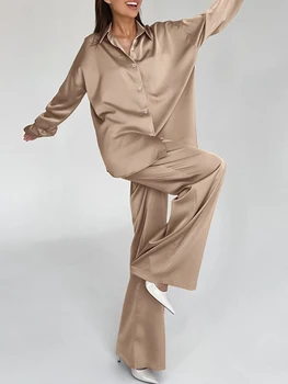 Женский шелковый пижамный комплект BABAMOON из 2 предметов, Пижама с длинным рукавом, Атласная мягкая пижама на пуговицах, Пижамный комплект