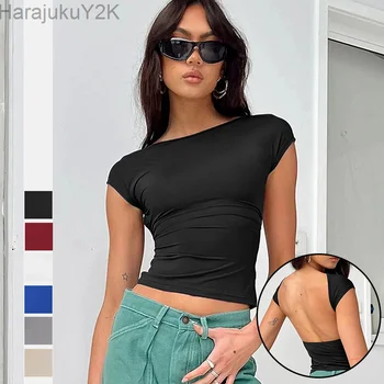 Лето 2023, Новая мода Y2K, Сексуальная спинка, Удобные дышащие топы с коротким рукавом, облегающие простые однотонные футболки