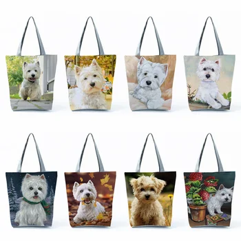 Милая сумка для покупок в стиле Вест-Хайленд-Терьер, женские сумки с изображением животных, собаки, сумки через плечо Большой емкости, Складная сумка-тоут
