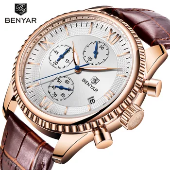 Мужские часы BENYAR, водонепроницаемые роскошные брендовые спортивные мужские кожаные часы с 24-часовой датой, кварцевые наручные часы, мужские, защищенные от часов