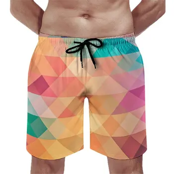 Шорты с цветным геопринтом, Летние пляжные шорты в клетку цвета Омбре, Мужские быстросохнущие пляжные плавки с графическим Рисунком для бега